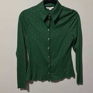 Boden Womens Viscose Green Top w/ Gold Polka Dots Long Sleeves Collared Sz 6 EUC